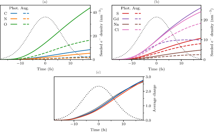Contribution of each element to secondary ionization in a lysozyme.Gd crystal (H2398C615N195O887S10Gd3Na19Cl18) under a 15 fs Gaussian pulse with a fluence of 1.75 × 1012 7.1 keV ph·µm−2. Traces show the total free electron density of the electron ionization cascades seeded by the (a) light and (b) heavy elements in the target, due to photoionization (solid) or Auger decay (dashed). Such cascades drive global ionization.
